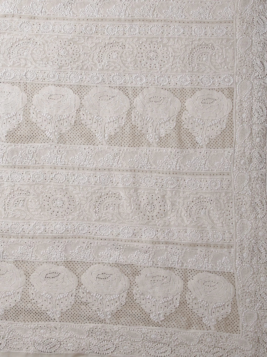 Ada Hand Embroidered Ivory White Pure Georgette Lucknowi Chikankari Saree/Blouse With Mukaish Work 01A321120