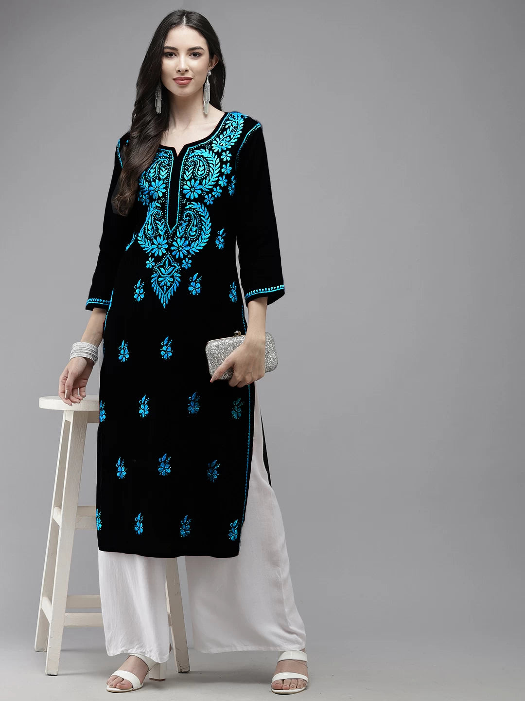 Ada Hand Embroidered Black Cotton Lucknow Chikankari Kurta A411271