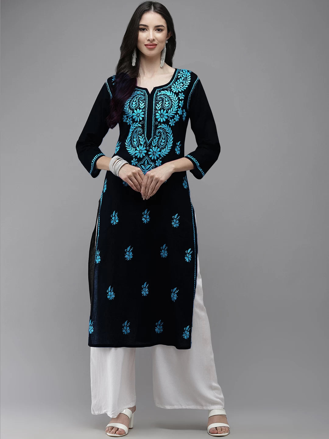 Ada Hand Embroidered Black Cotton Lucknow Chikankari Kurta A411271