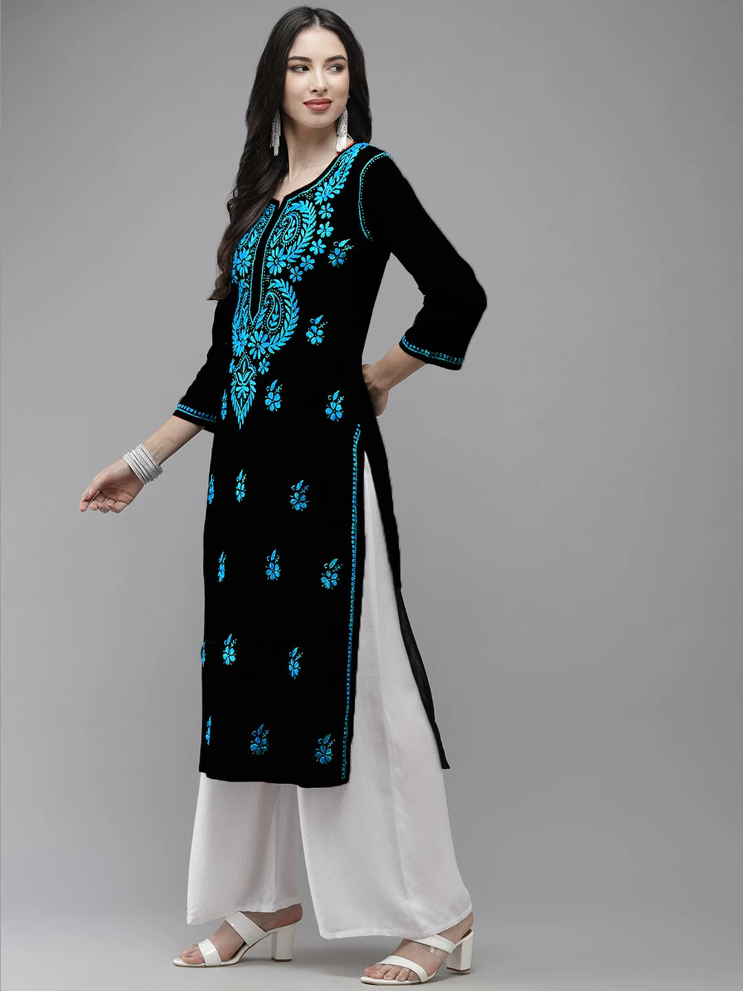 Ada Hand Embroidered Black Cotton Lucknow Chikankari Kurta A411271