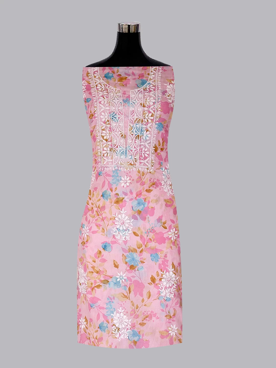 Ada Hand Embroidered Pink Floral Print Cotton Blend Lucknowi Chikankari Unstitched Kurta Dupatta Set 01A444441