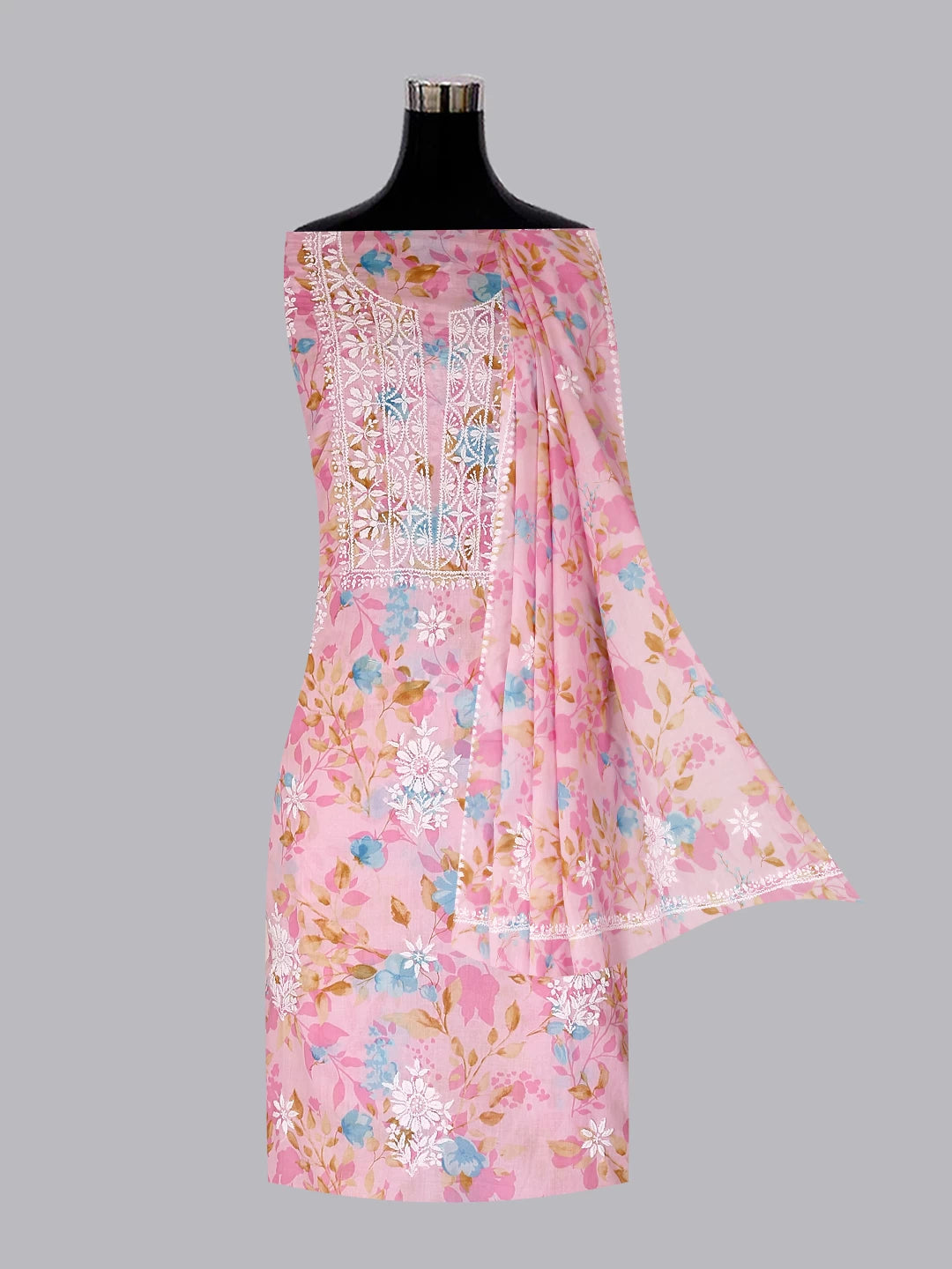 Ada Hand Embroidered Pink Floral Print Cotton Blend Lucknowi Chikankari Unstitched Kurta Dupatta Set 01A444441