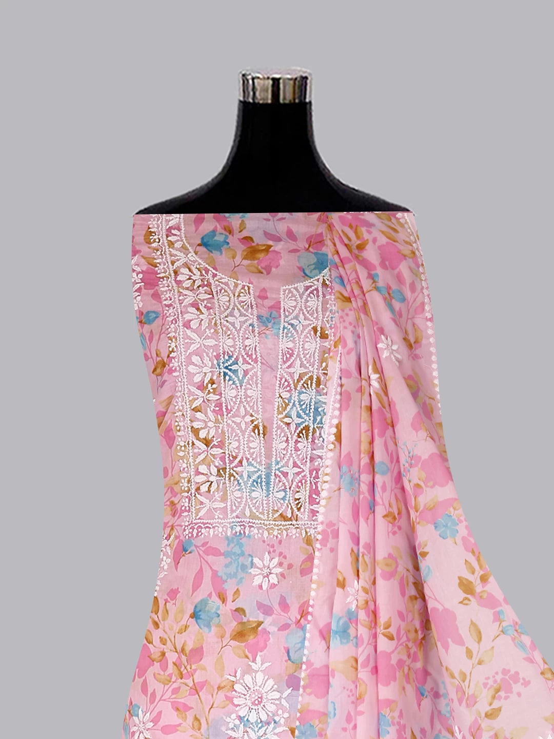 Ada Hand Embroidered Pink Floral Print Cotton Blend Lucknowi Chikankari Unstitched Kurta Dupatta Set 01A444441