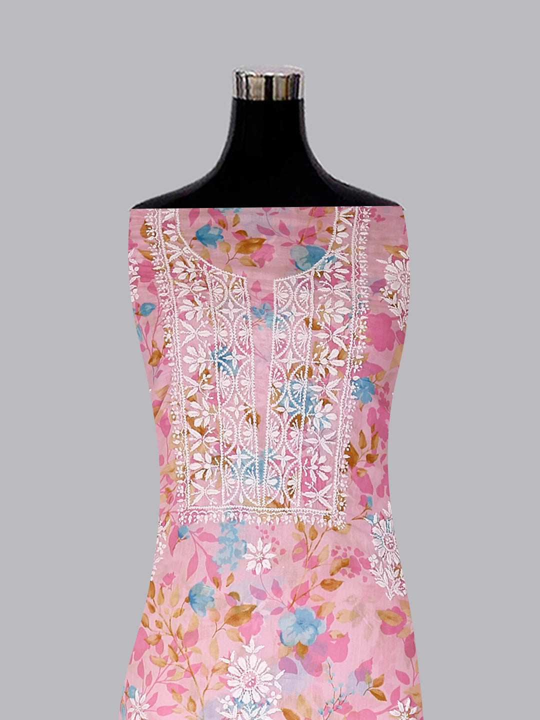 Ada Hand Embroidered Pink Floral Print Cotton Blend Lucknowi Chikankari Unstitched Kurta Dupatta Set 01A444441