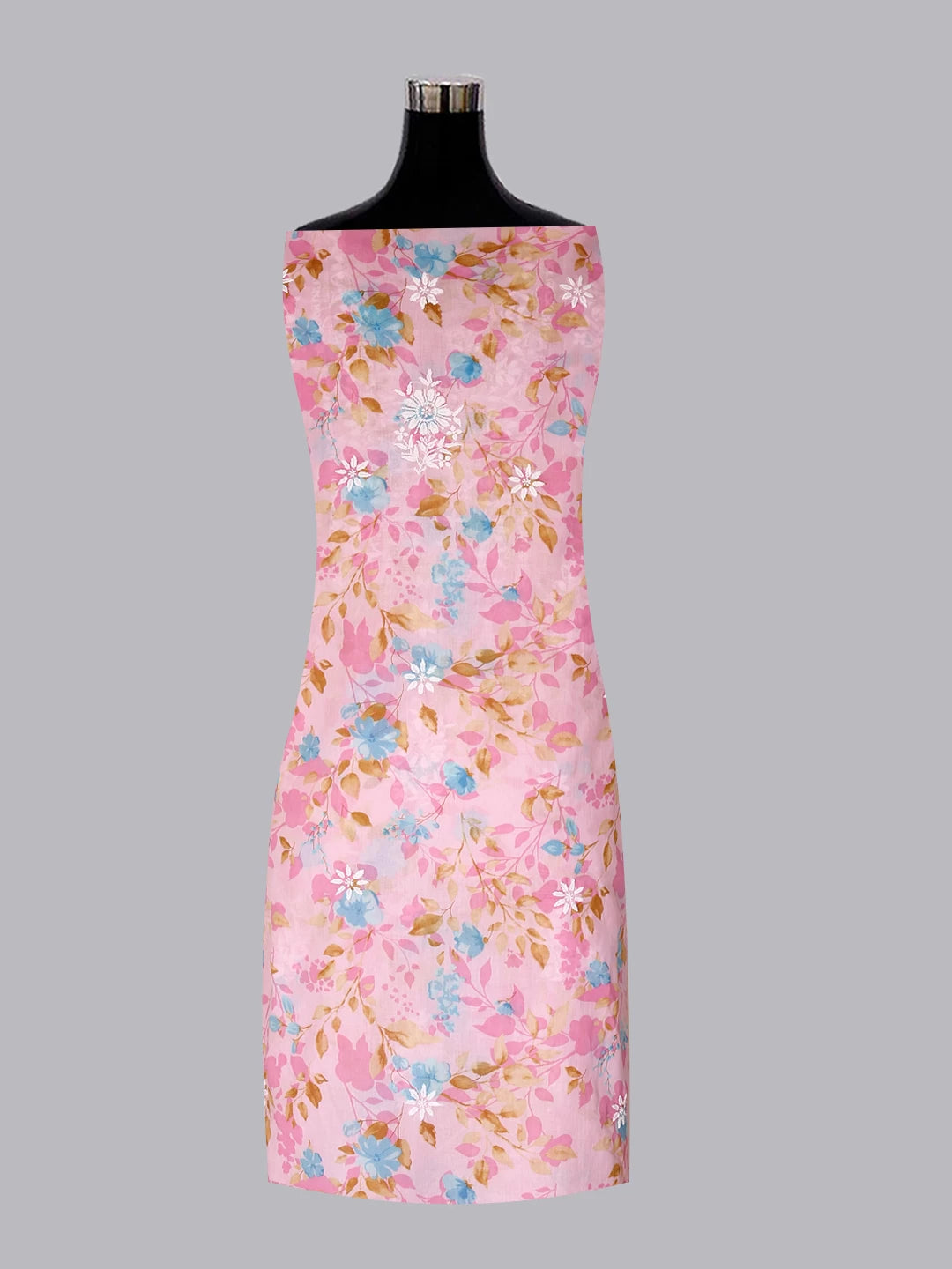 Ada Hand Embroidered Pink Floral Print Cotton Blend Lucknowi Chikankari Unstitched Kurta Dupatta Set 01A444441