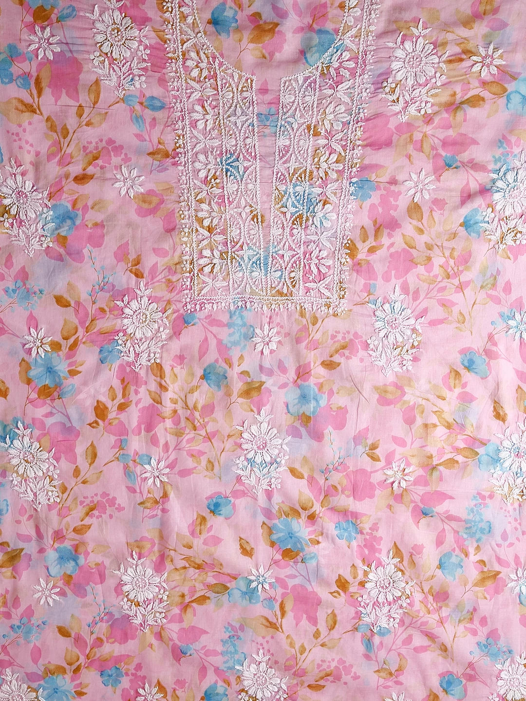 Ada Hand Embroidered Pink Floral Print Cotton Blend Lucknowi Chikankari Unstitched Kurta Dupatta Set 01A444441