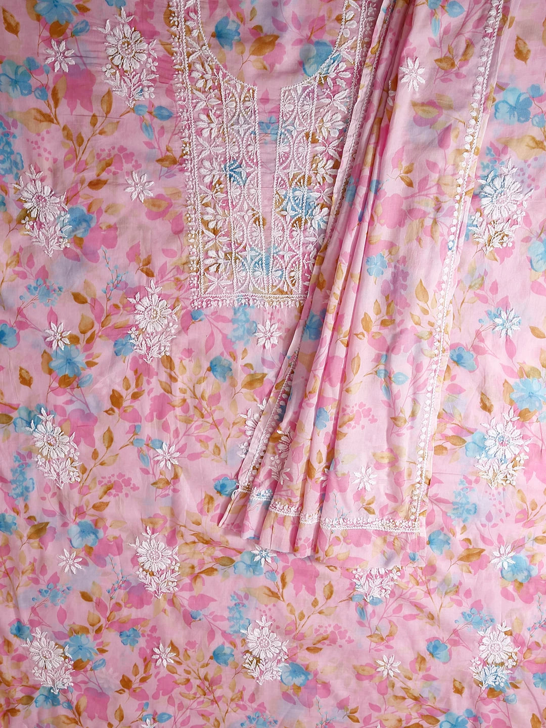 Ada Hand Embroidered Pink Floral Print Cotton Blend Lucknowi Chikankari Unstitched Kurta Dupatta Set 01A444441