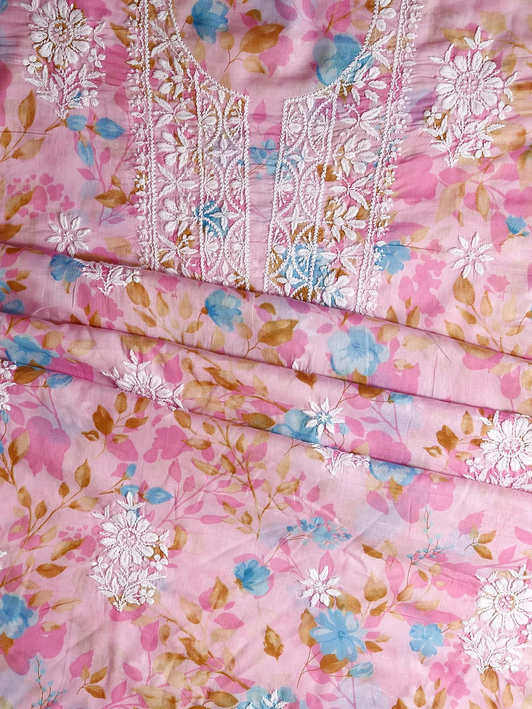 Ada Hand Embroidered Pink Floral Print Cotton Blend Lucknowi Chikankari Unstitched Kurta Dupatta Set 01A444441