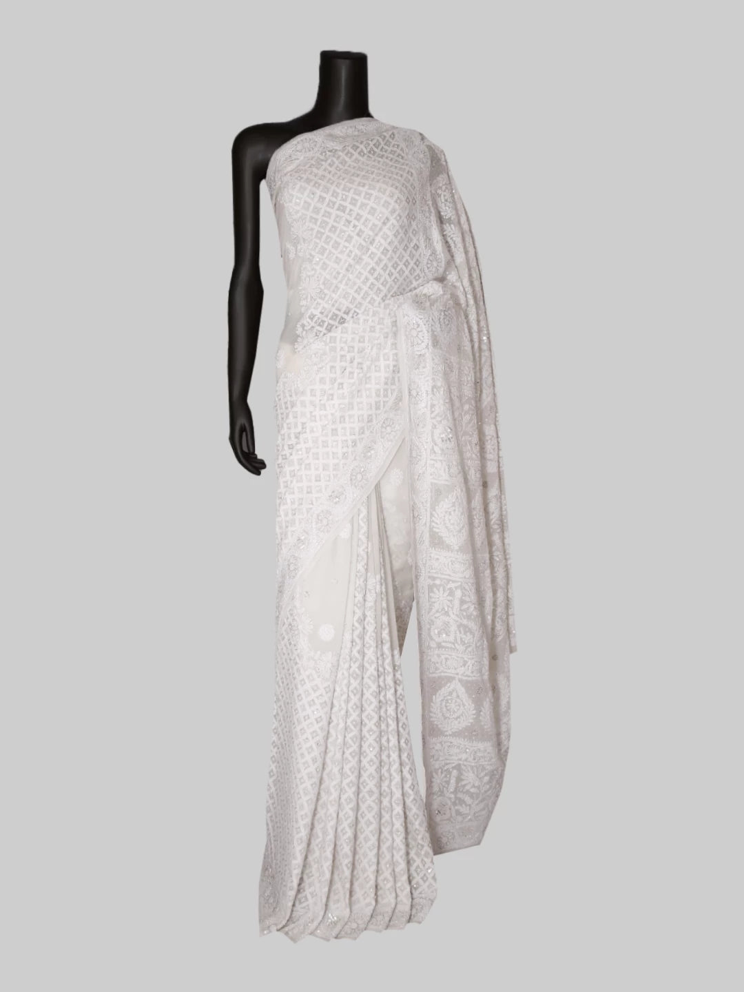 Ada Hand Embroidered White Georgette Lucknow Chikankari Saree/Blouse With Pearl Work 01A398630