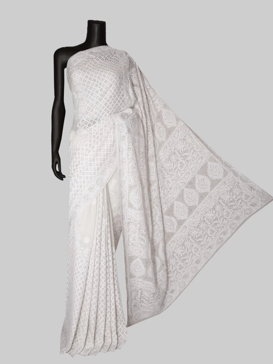 Ada Hand Embroidered White Georgette Lucknow Chikankari Saree/Blouse With Pearl Work 01A398630