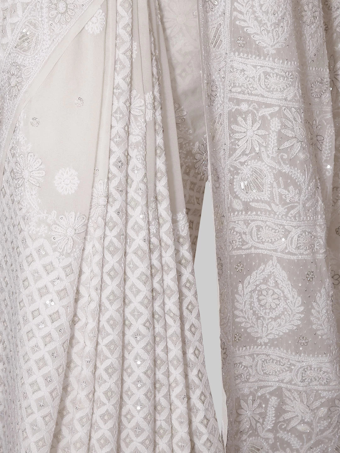 Ada Hand Embroidered White Georgette Lucknow Chikankari Saree/Blouse With Pearl Work 01A398630