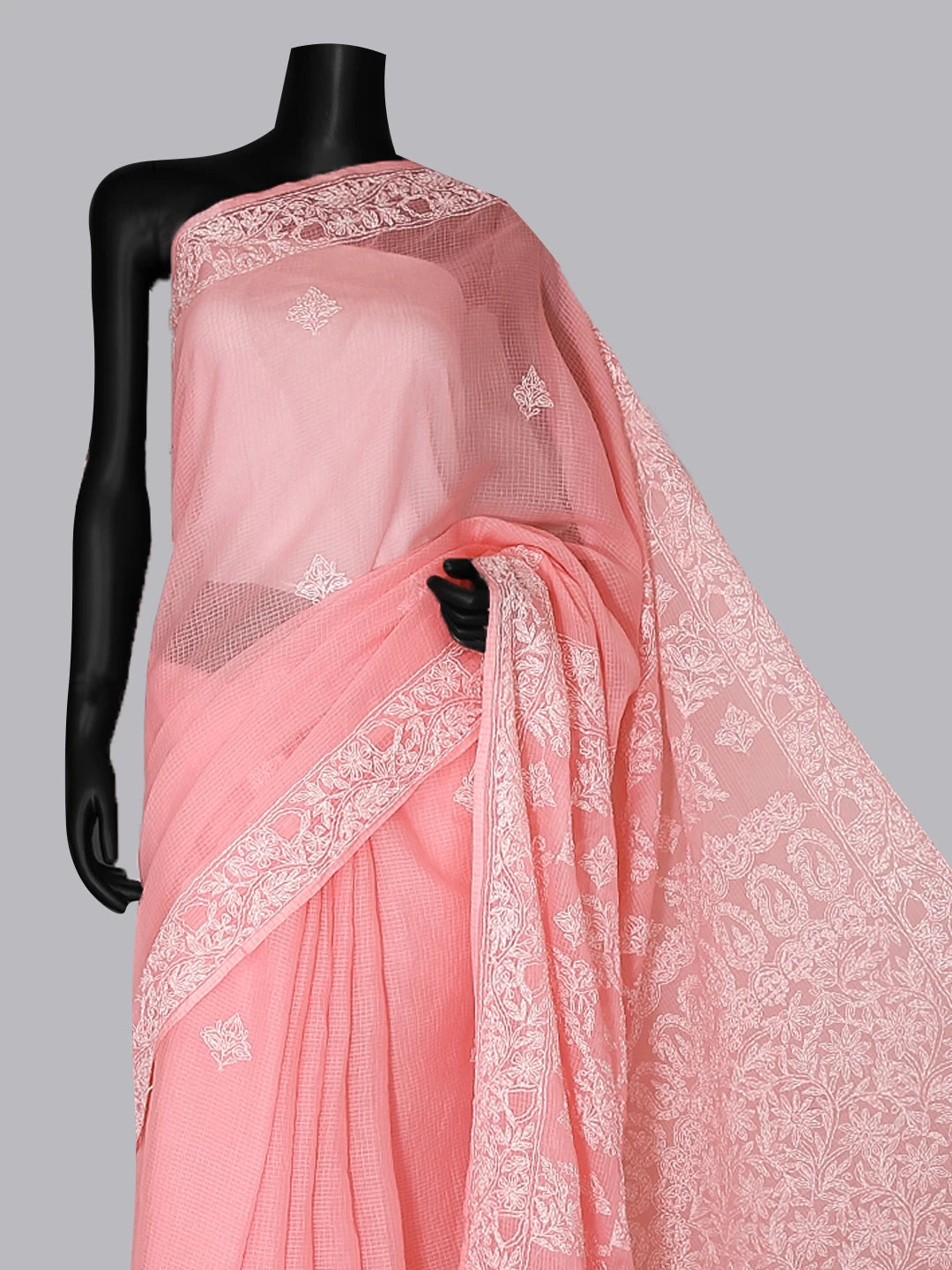 Ada Hand Embroidered Pink Kota Cotton Lucknowi Chikankari Saree With Blouse 01A452625