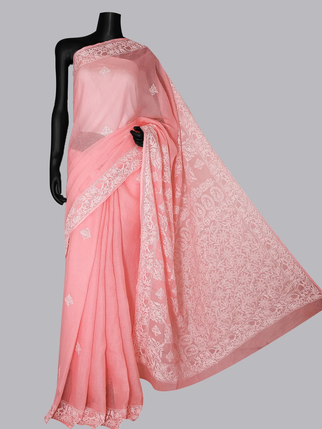 Ada Hand Embroidered Pink Kota Cotton Lucknowi Chikankari Saree With Blouse 01A452625