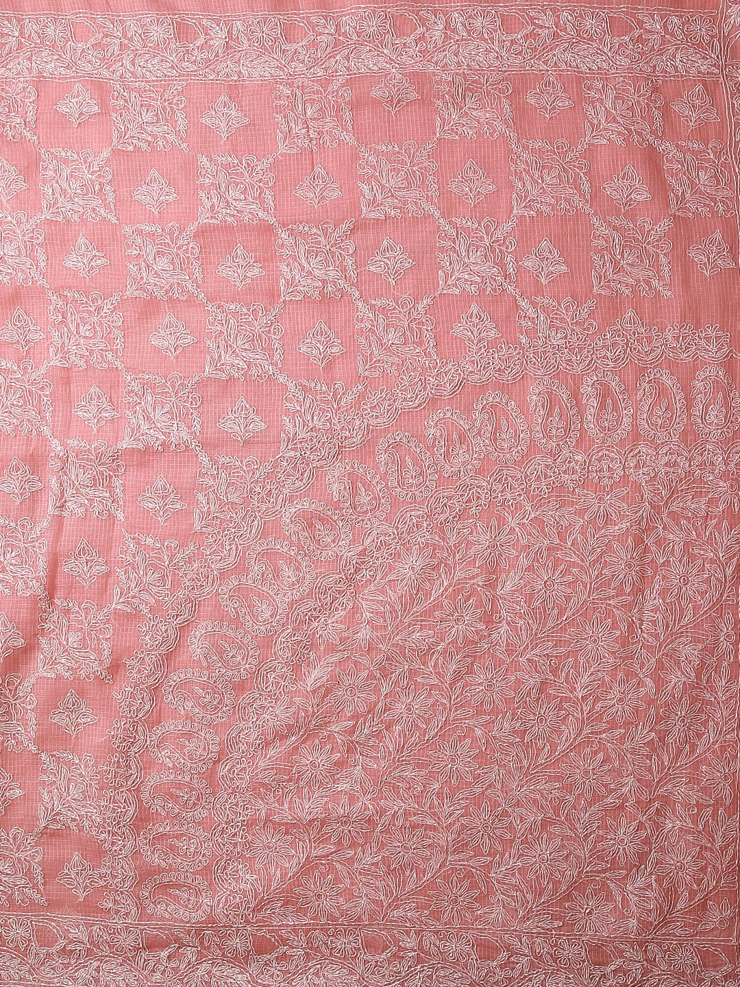 Ada Hand Embroidered Pink Kota Cotton Lucknowi Chikankari Saree With Blouse 01A452625