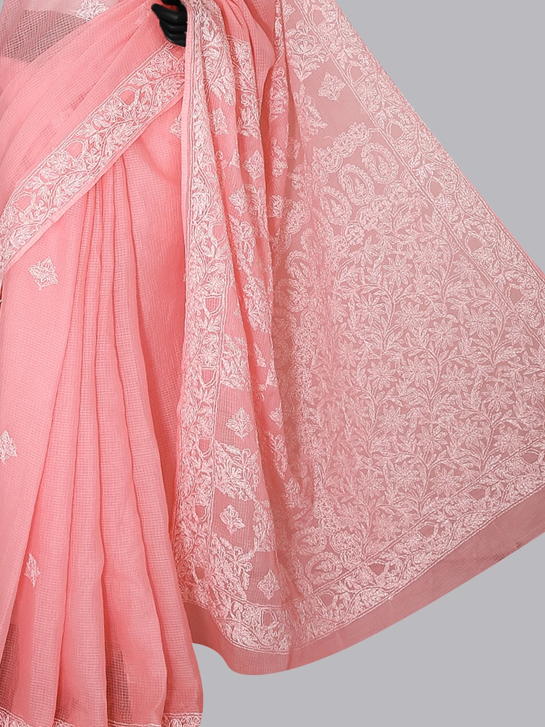 Ada Hand Embroidered Pink Kota Cotton Lucknowi Chikankari Saree With Blouse 01A452625