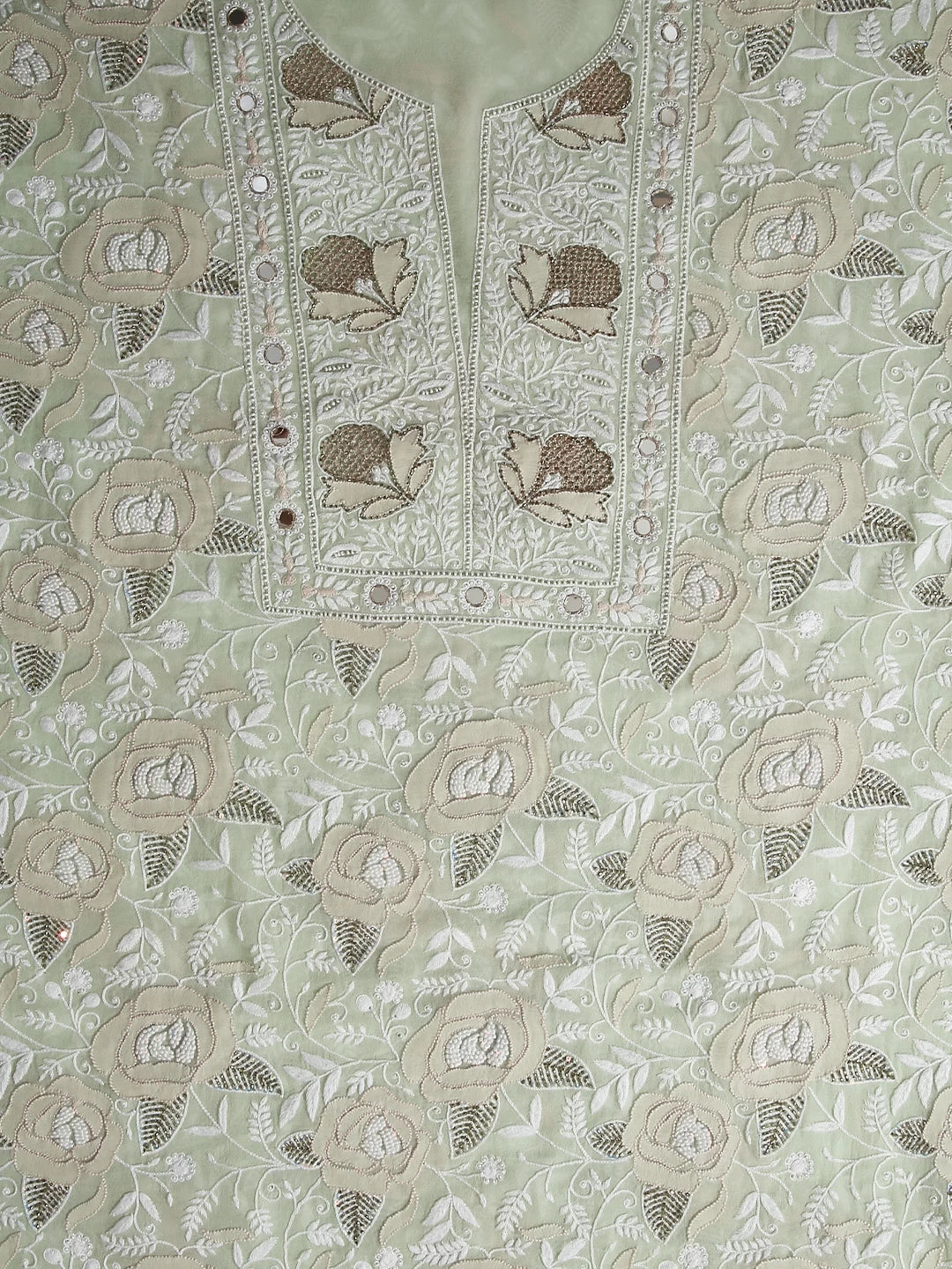 Ada Hand Embroidered Tea Green Pure Georgette Lucknowi Chikankari Unstitched Kurta Dupatta Set With Pearl Work 01A358464