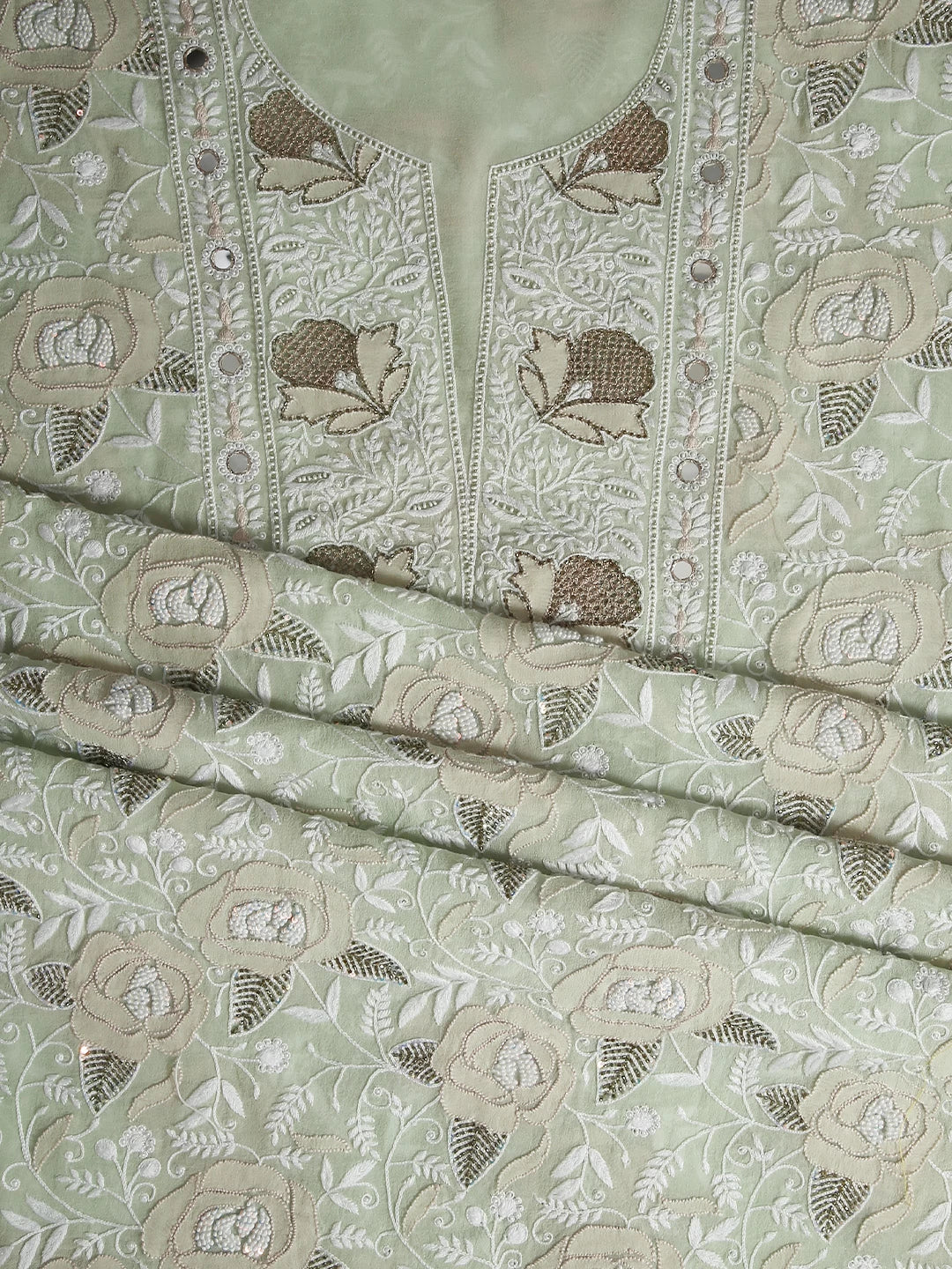 Ada Hand Embroidered Tea Green Pure Georgette Lucknowi Chikankari Unstitched Kurta Dupatta Set With Pearl Work 01A358464