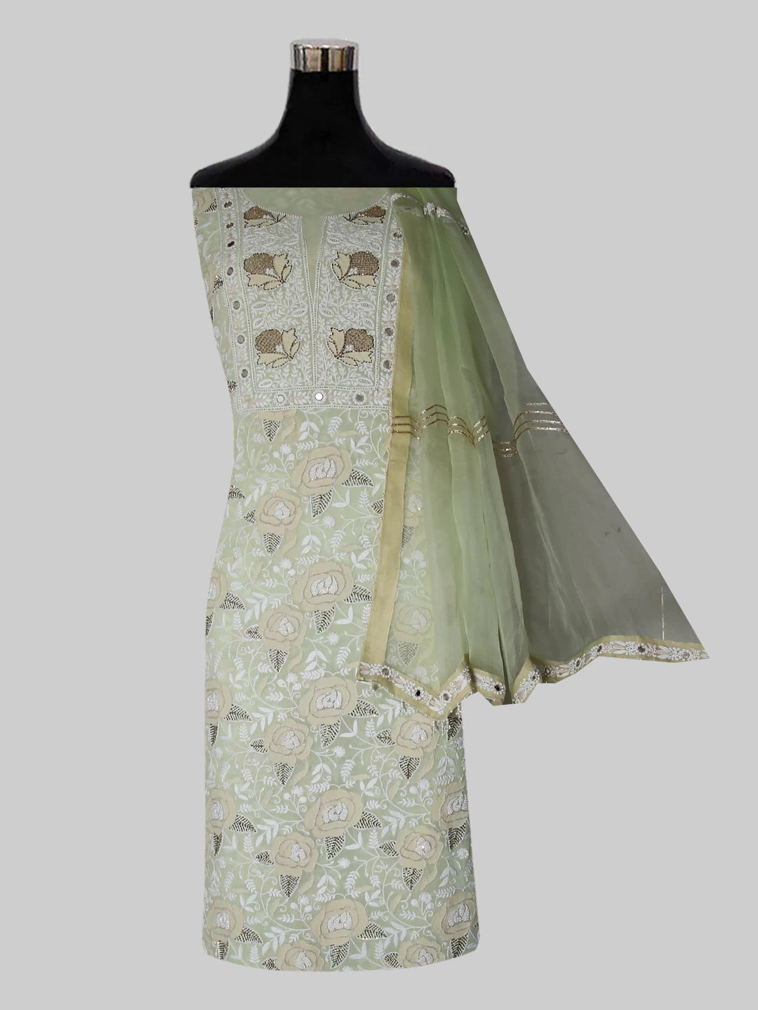 Ada Hand Embroidered Tea Green Pure Georgette Lucknowi Chikankari Unstitched Kurta Dupatta Set With Pearl Work 01A358464