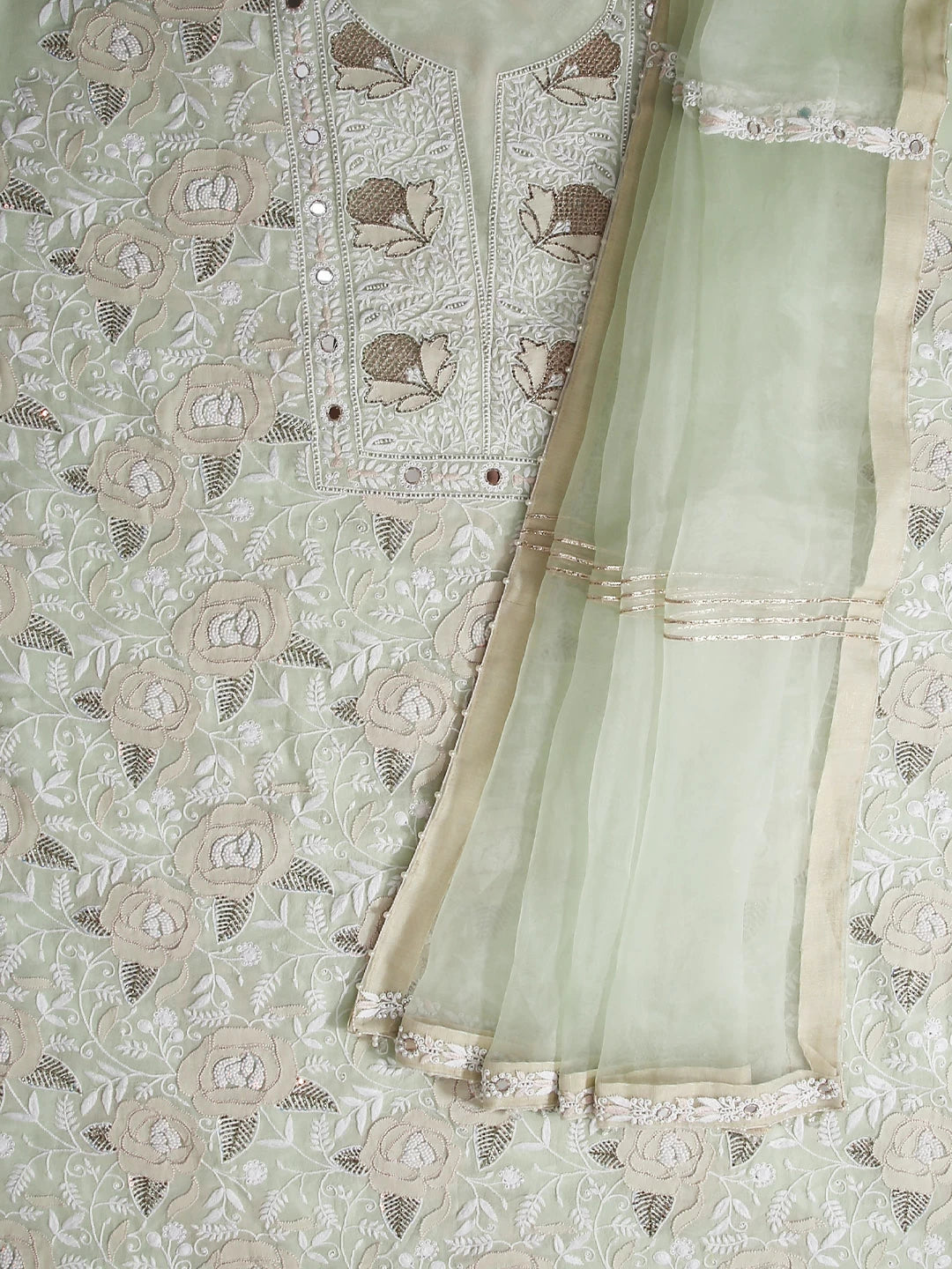 Ada Hand Embroidered Tea Green Pure Georgette Lucknowi Chikankari Unstitched Kurta Dupatta Set With Pearl Work 01A358464