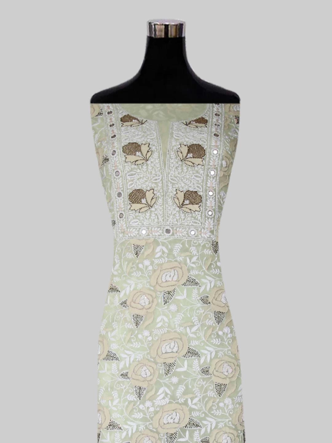 Ada Hand Embroidered Tea Green Pure Georgette Lucknowi Chikankari Unstitched Kurta Dupatta Set With Pearl Work 01A358464