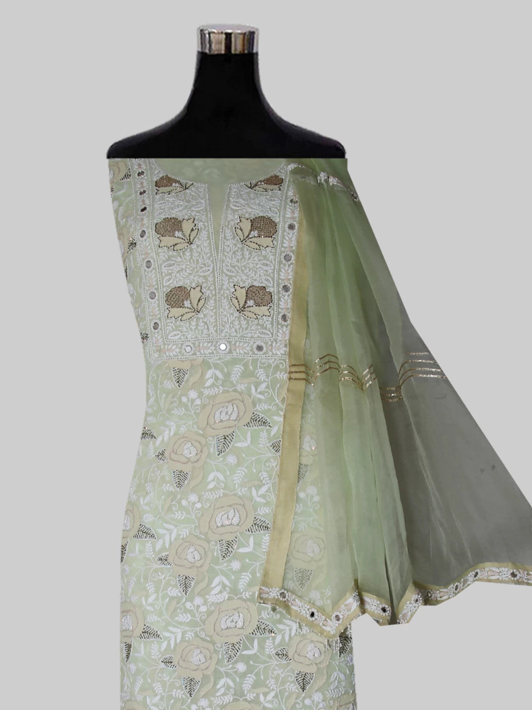 Ada Hand Embroidered Tea Green Pure Georgette Lucknowi Chikankari Unstitched Kurta Dupatta Set With Pearl Work 01A358464