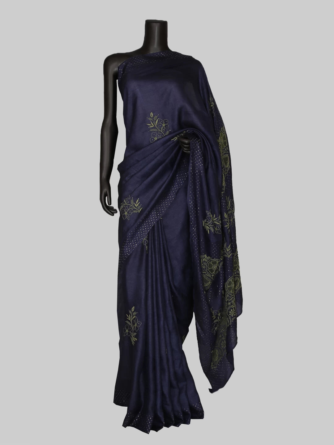 Ada Hand Embroidered Navy Blue Silk Lucknowi Chikankari Saree/Blouse With Mukaish Work 01A418251