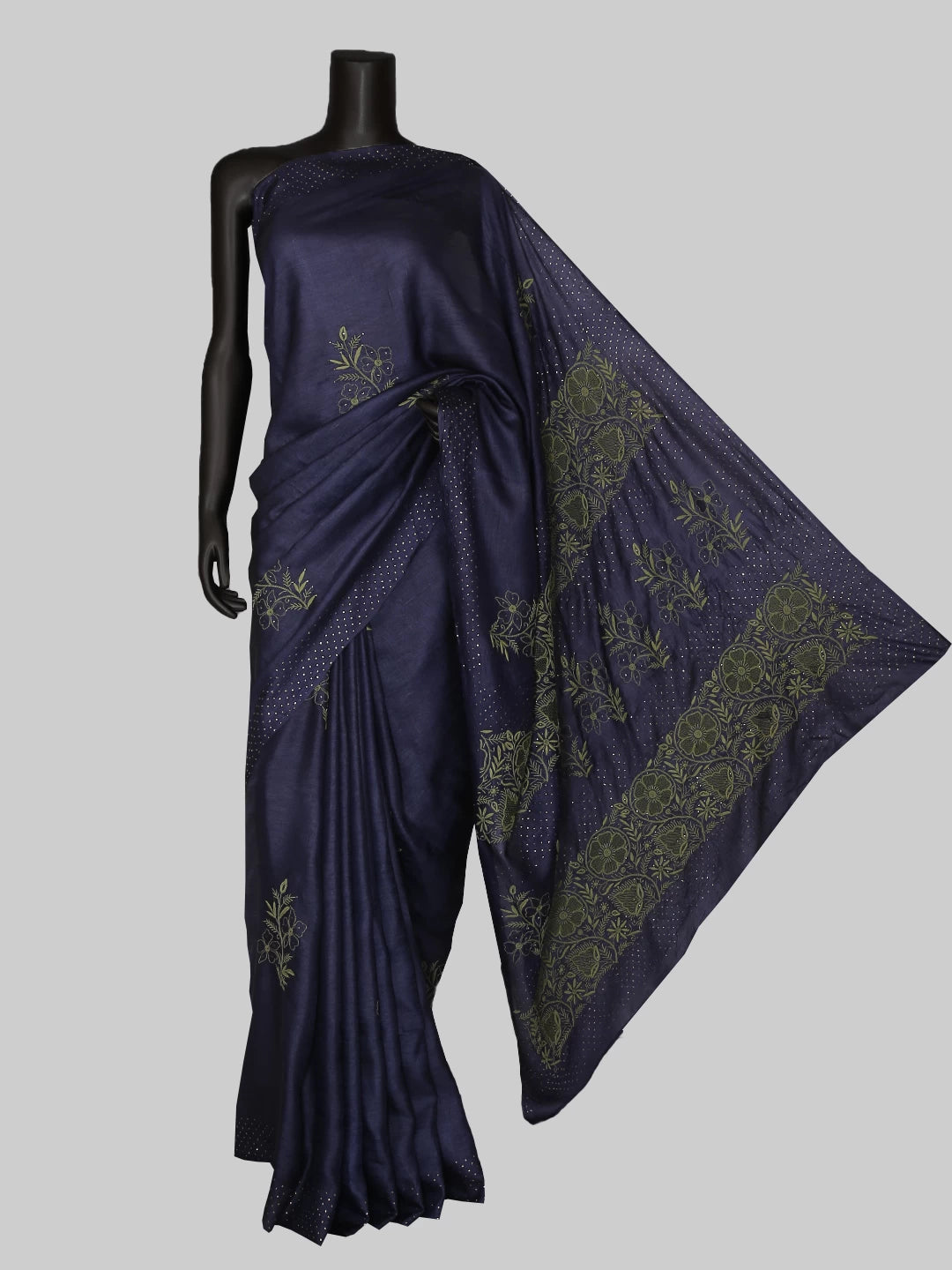 Ada Hand Embroidered Navy Blue Silk Lucknowi Chikankari Saree/Blouse With Mukaish Work 01A418251