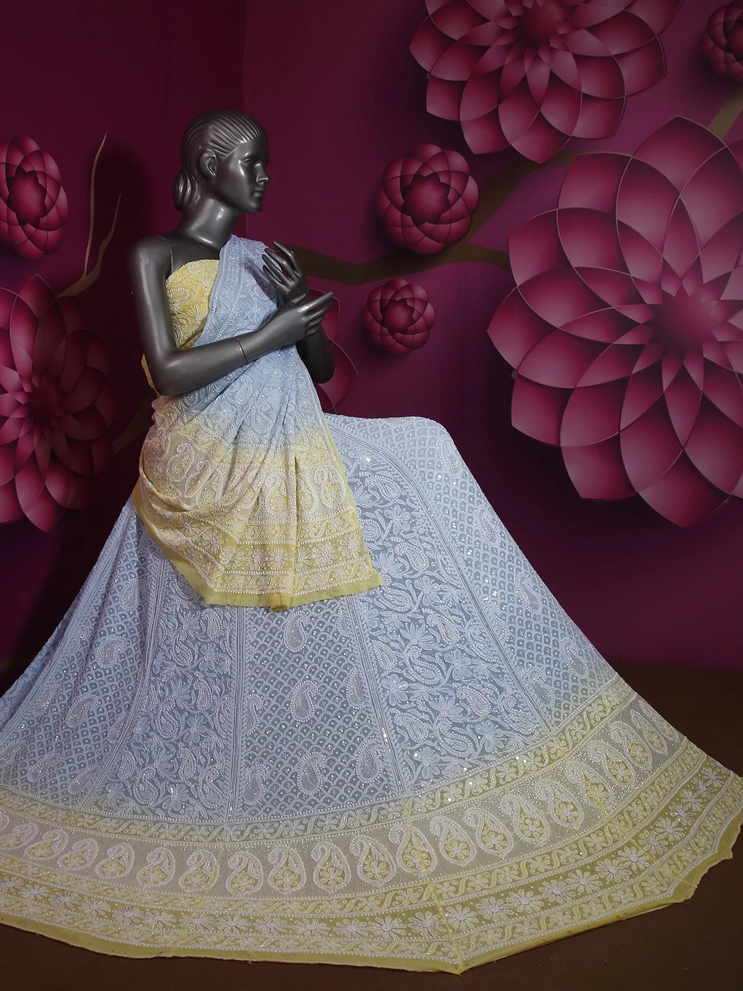 Ada Hand Embroidered Blue And Yellow Ombre Shade Georgette Lucknowi Chikankari Lehenga Set With Cutdana Work 01A392554