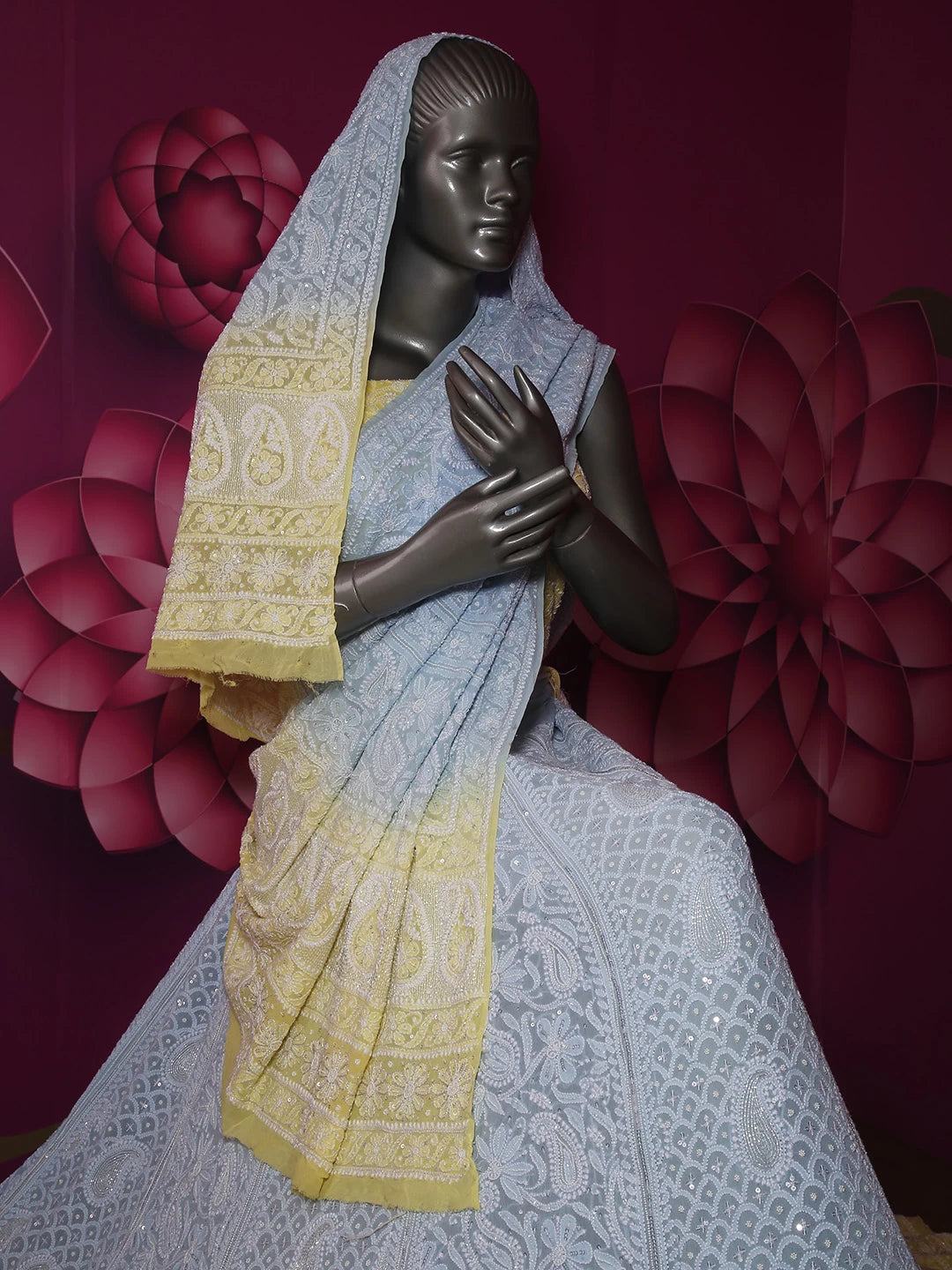 Ada Hand Embroidered Blue And Yellow Ombre Shade Georgette Lucknowi Chikankari Lehenga Set With Cutdana Work 01A392554