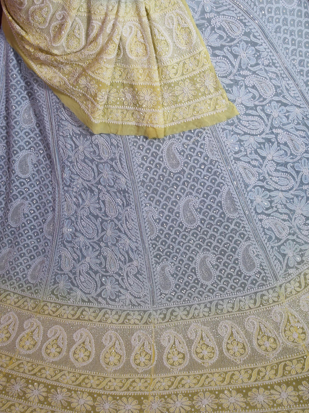 Ada Hand Embroidered Blue And Yellow Ombre Shade Georgette Lucknowi Chikankari Lehenga Set With Cutdana Work 01A392554
