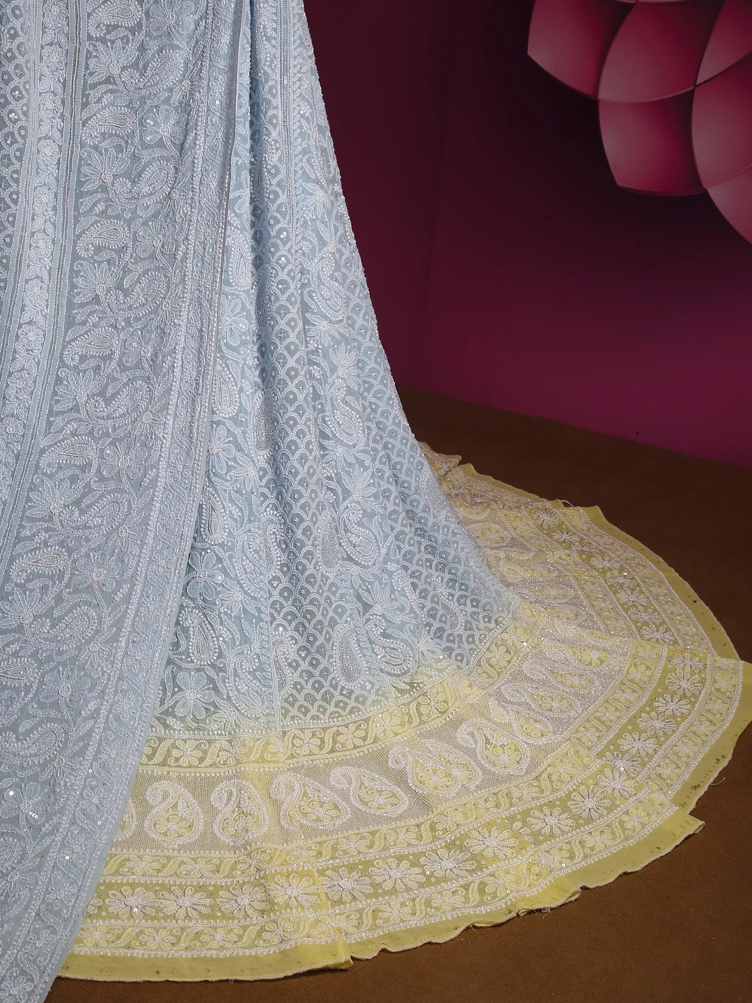 Ada Hand Embroidered Blue And Yellow Ombre Shade Georgette Lucknowi Chikankari Lehenga Set With Cutdana Work 01A392554