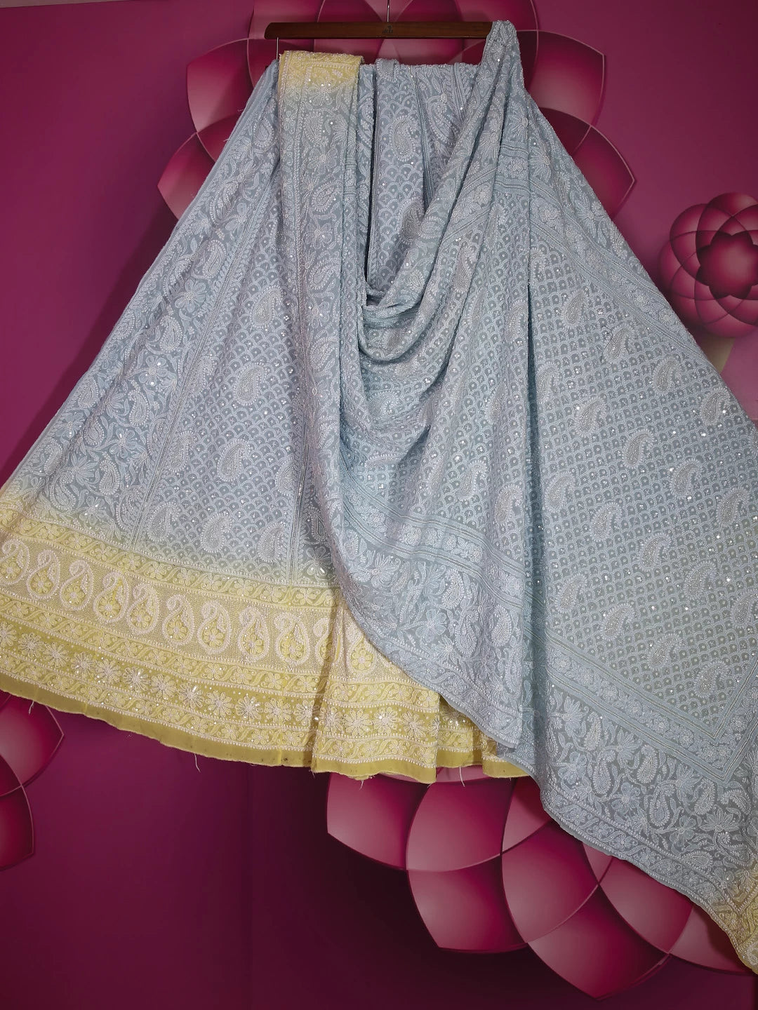 Ada Hand Embroidered Blue And Yellow Ombre Shade Georgette Lucknowi Chikankari Lehenga Set With Cutdana Work 01A392554