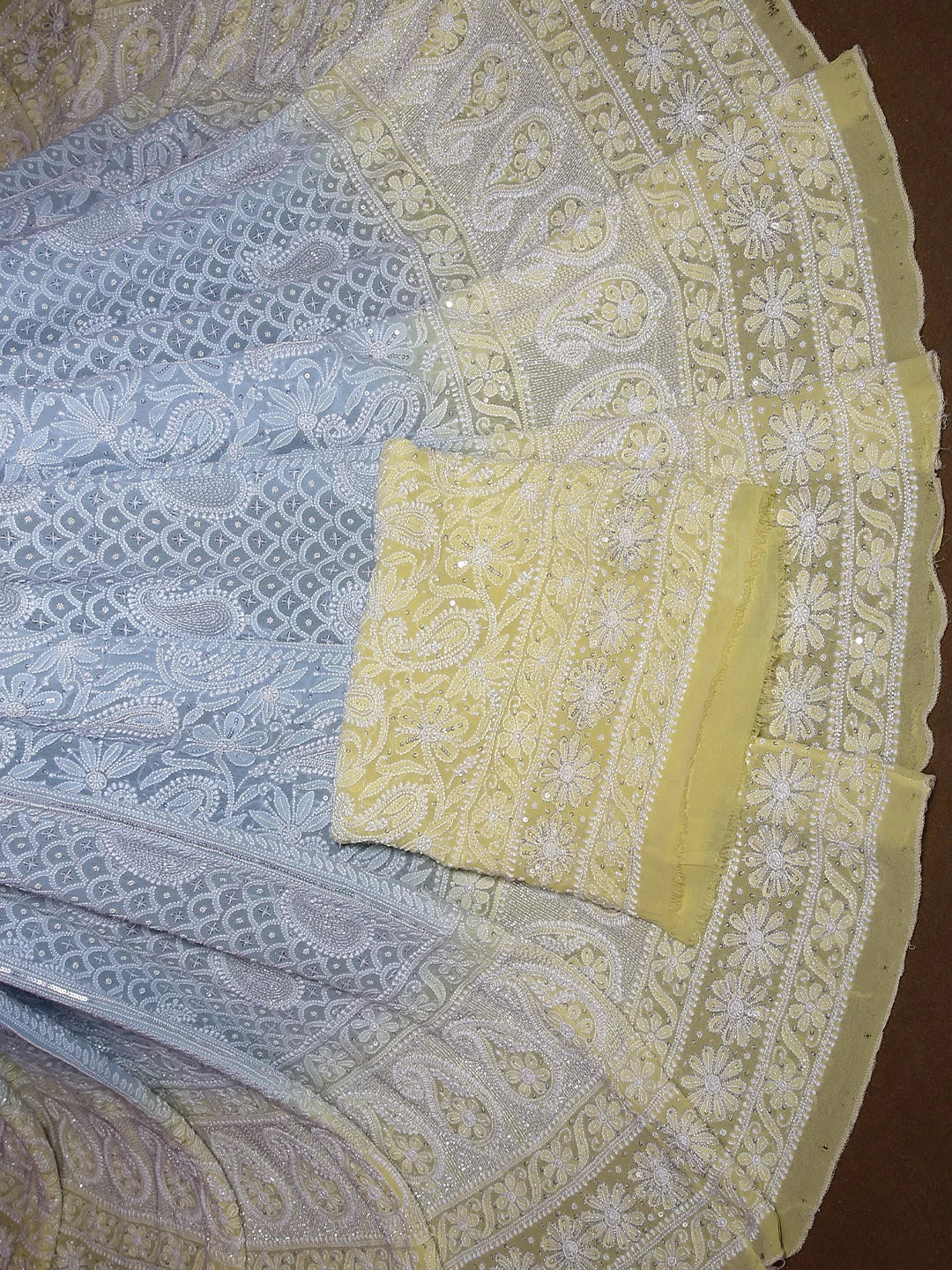 Ada Hand Embroidered Blue And Yellow Ombre Shade Georgette Lucknowi Chikankari Lehenga Set With Cutdana Work 01A392554