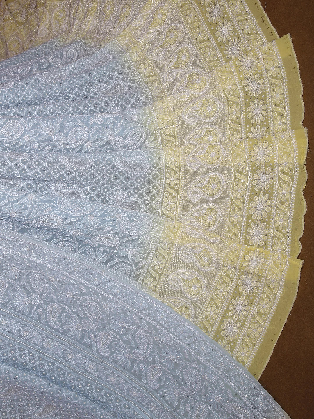 Ada Hand Embroidered Blue And Yellow Ombre Shade Georgette Lucknowi Chikankari Lehenga Set With Cutdana Work 01A392554