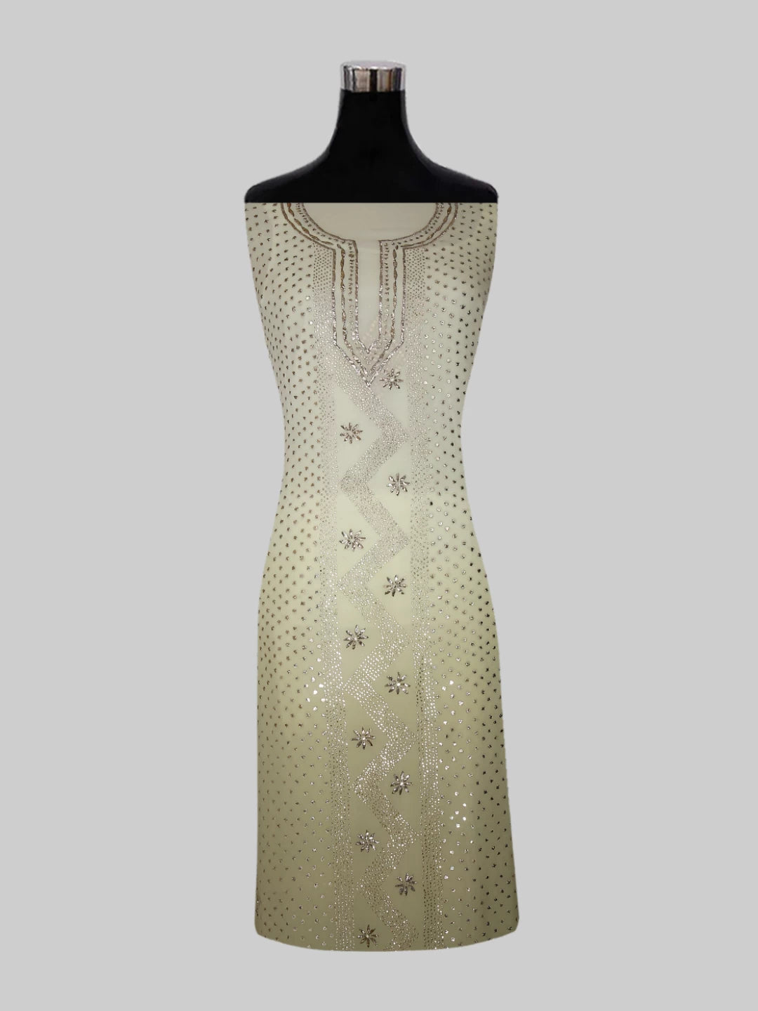 Ada Hand Embroidered Ombre Shade Of Tea Green And Sage Green Lucknowi Mukaish Embellished Georgette Unstitched Kurta Dupatta Set 01A402373