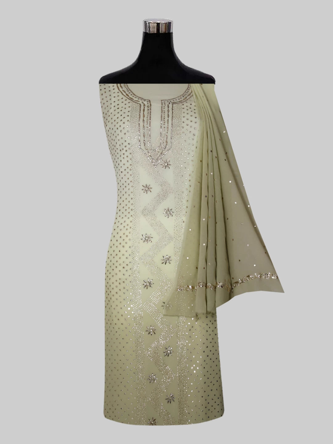 Ada Hand Embroidered Ombre Shade Of Tea Green And Sage Green Lucknowi Mukaish Embellished Georgette Unstitched Kurta Dupatta Set 01A402373