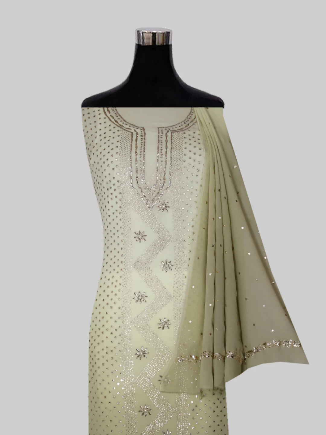 Ada Hand Embroidered Ombre Shade Of Tea Green And Sage Green Lucknowi Mukaish Embellished Georgette Unstitched Kurta Dupatta Set 01A402373