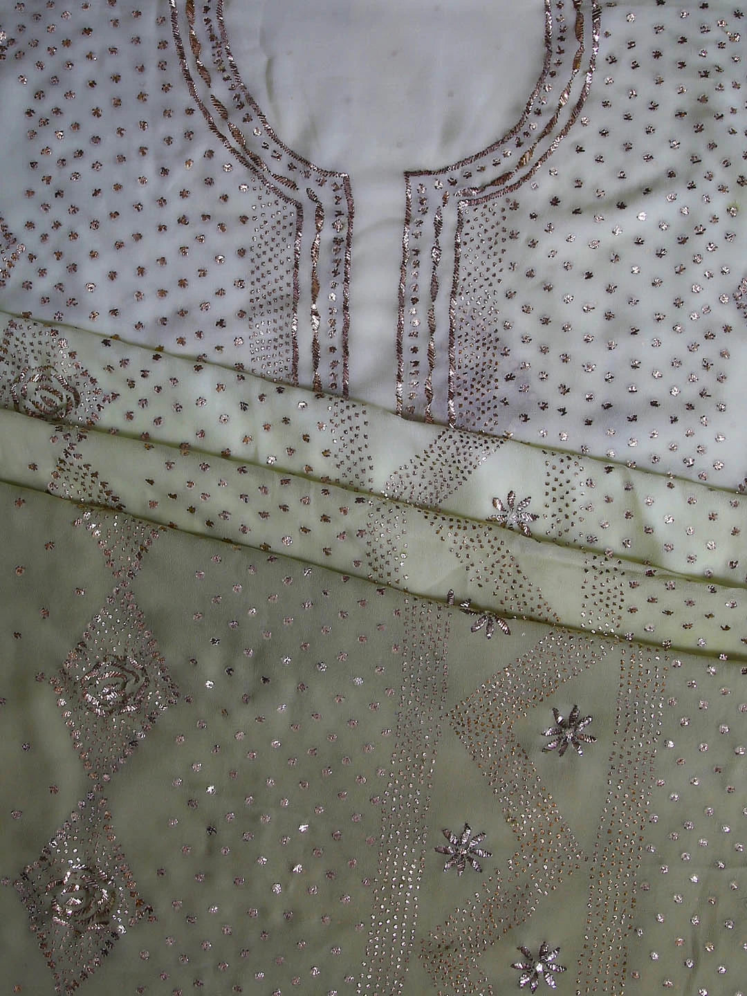 Ada Hand Embroidered Ombre Shade Of Tea Green And Sage Green Lucknowi Mukaish Embellished Georgette Unstitched Kurta Dupatta Set 01A402373