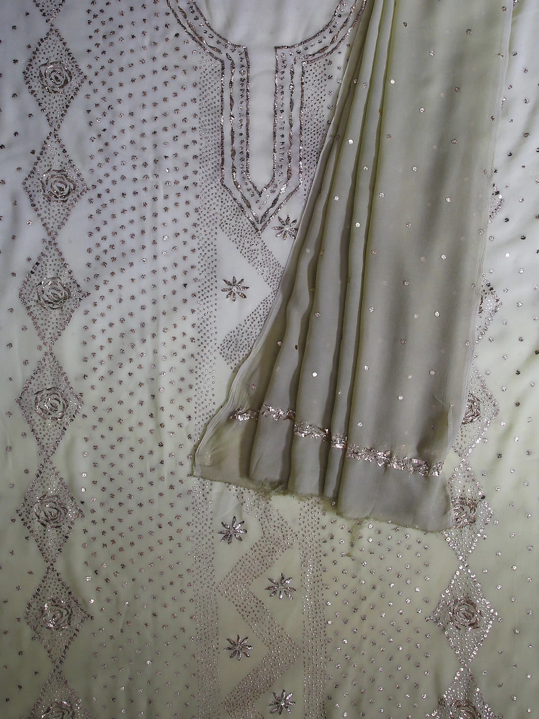 Ada Hand Embroidered Ombre Shade Of Tea Green And Sage Green Lucknowi Mukaish Embellished Georgette Unstitched Kurta Dupatta Set 01A402373