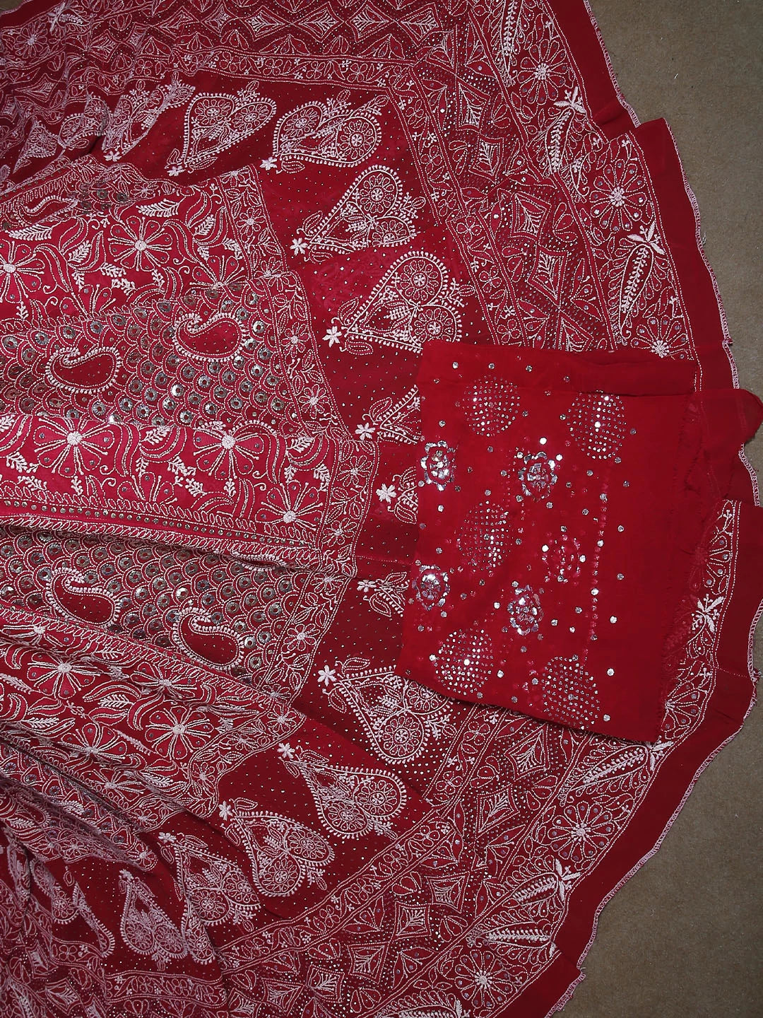 Ada Hand Embroidered Scarlet Red Pure Georgette Lucknowi Chikankari Lehenga Set With Mukaish Work 01A388559