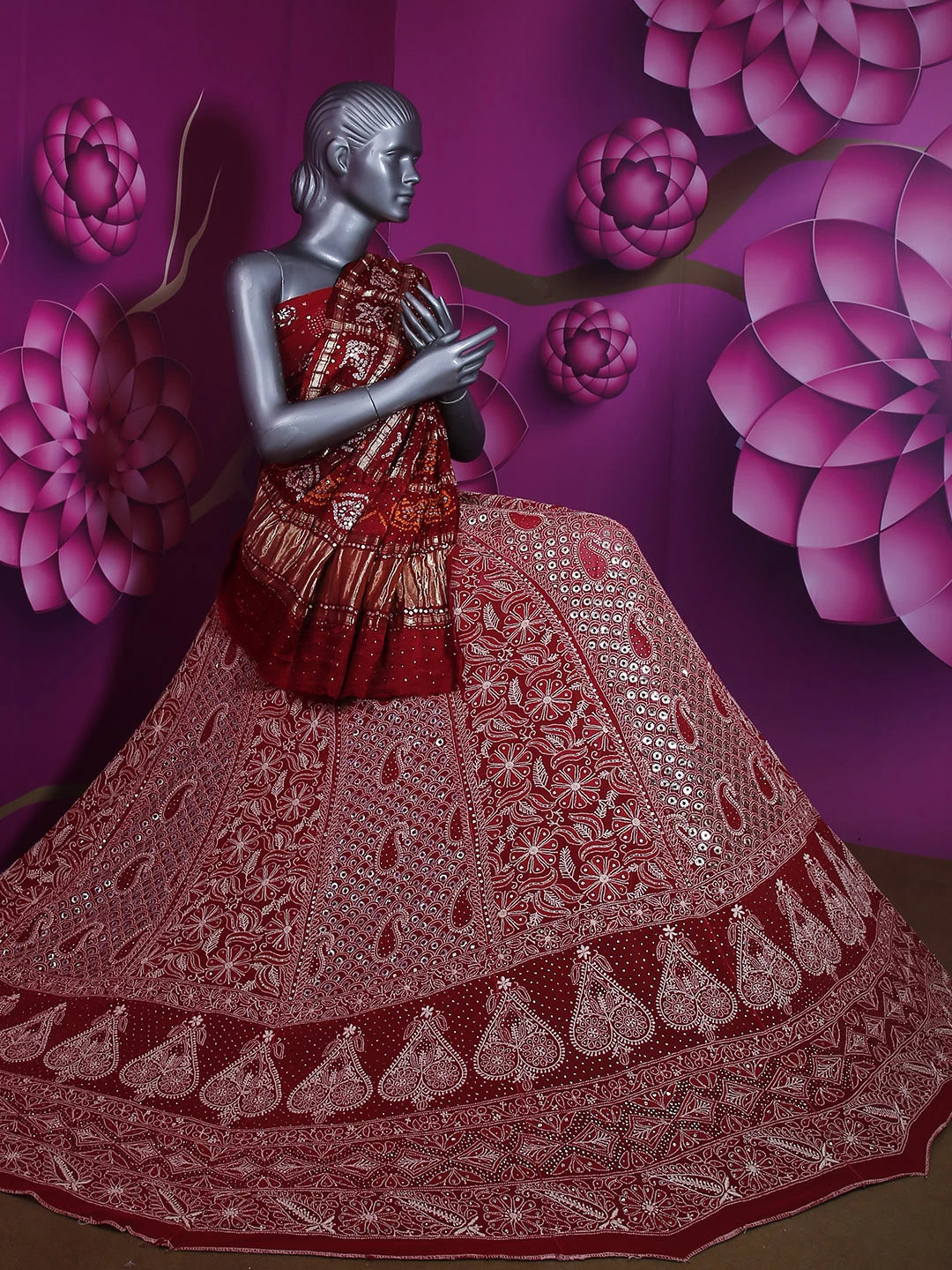 Ada Hand Embroidered Scarlet Red Pure Georgette Lucknowi Chikankari Lehenga Set With Mukaish Work 01A388559