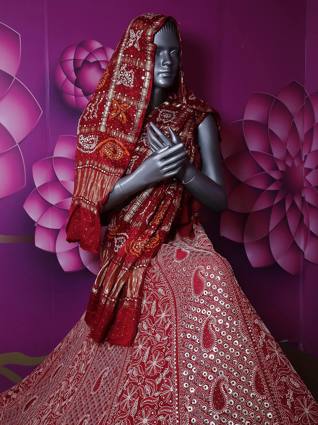 Ada Hand Embroidered Scarlet Red Pure Georgette Lucknowi Chikankari Lehenga Set With Mukaish Work 01A388559