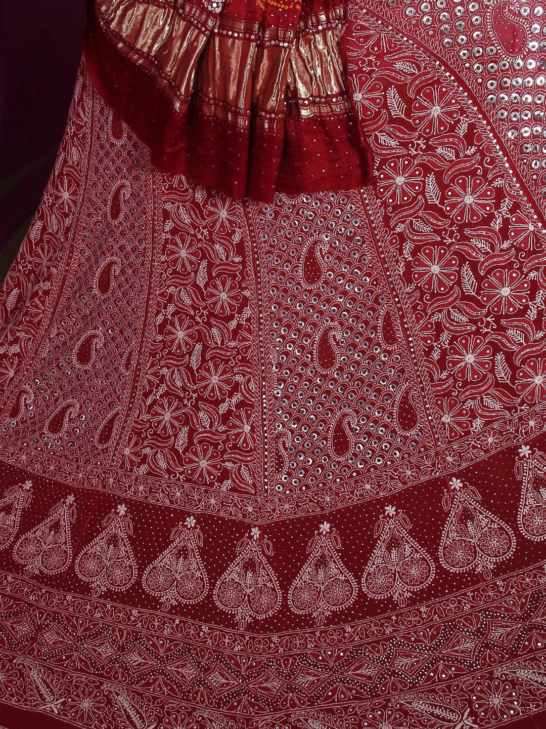 Ada Hand Embroidered Scarlet Red Pure Georgette Lucknowi Chikankari Lehenga Set With Mukaish Work 01A388559