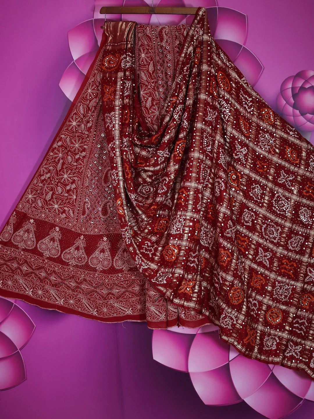Ada Hand Embroidered Scarlet Red Pure Georgette Lucknowi Chikankari Lehenga Set With Mukaish Work 01A388559