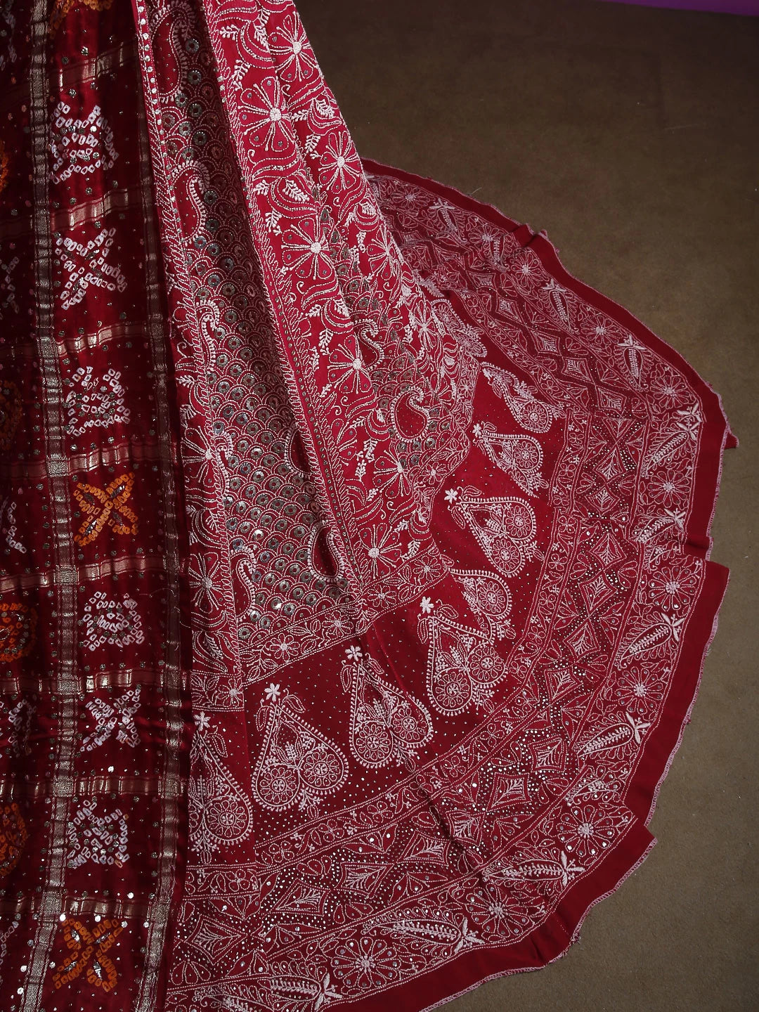 Ada Hand Embroidered Scarlet Red Pure Georgette Lucknowi Chikankari Lehenga Set With Mukaish Work 01A388559
