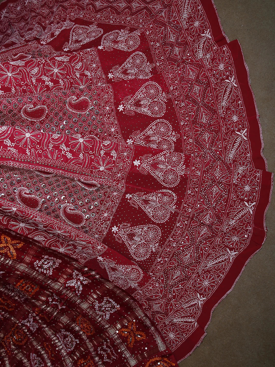 Ada Hand Embroidered Scarlet Red Pure Georgette Lucknowi Chikankari Lehenga Set With Mukaish Work 01A388559