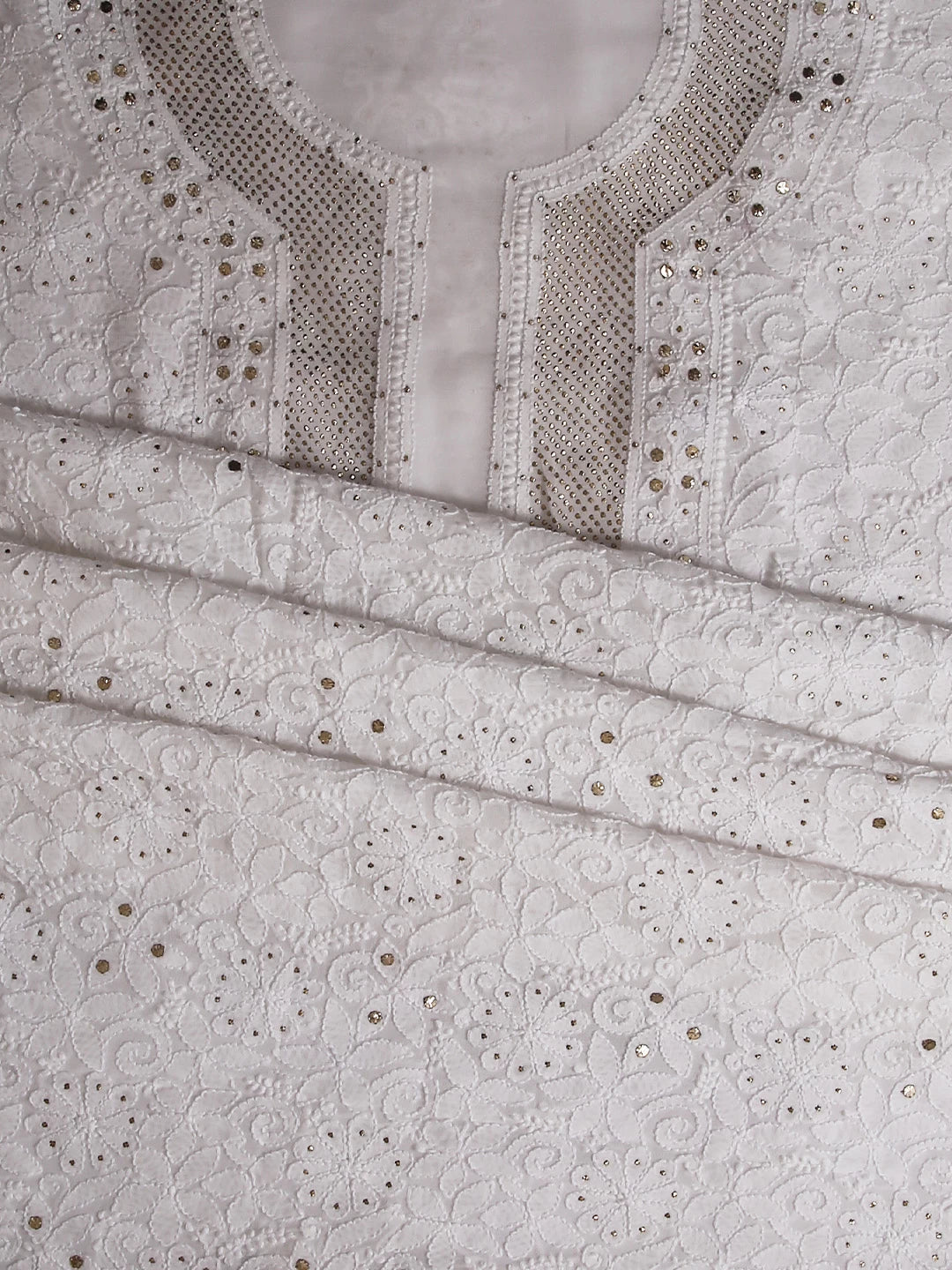 Ada Hand Embroidered White Georgette Lucknowi Chikankari Unstitched Kurta Piece With Muqaish Work 01A435774