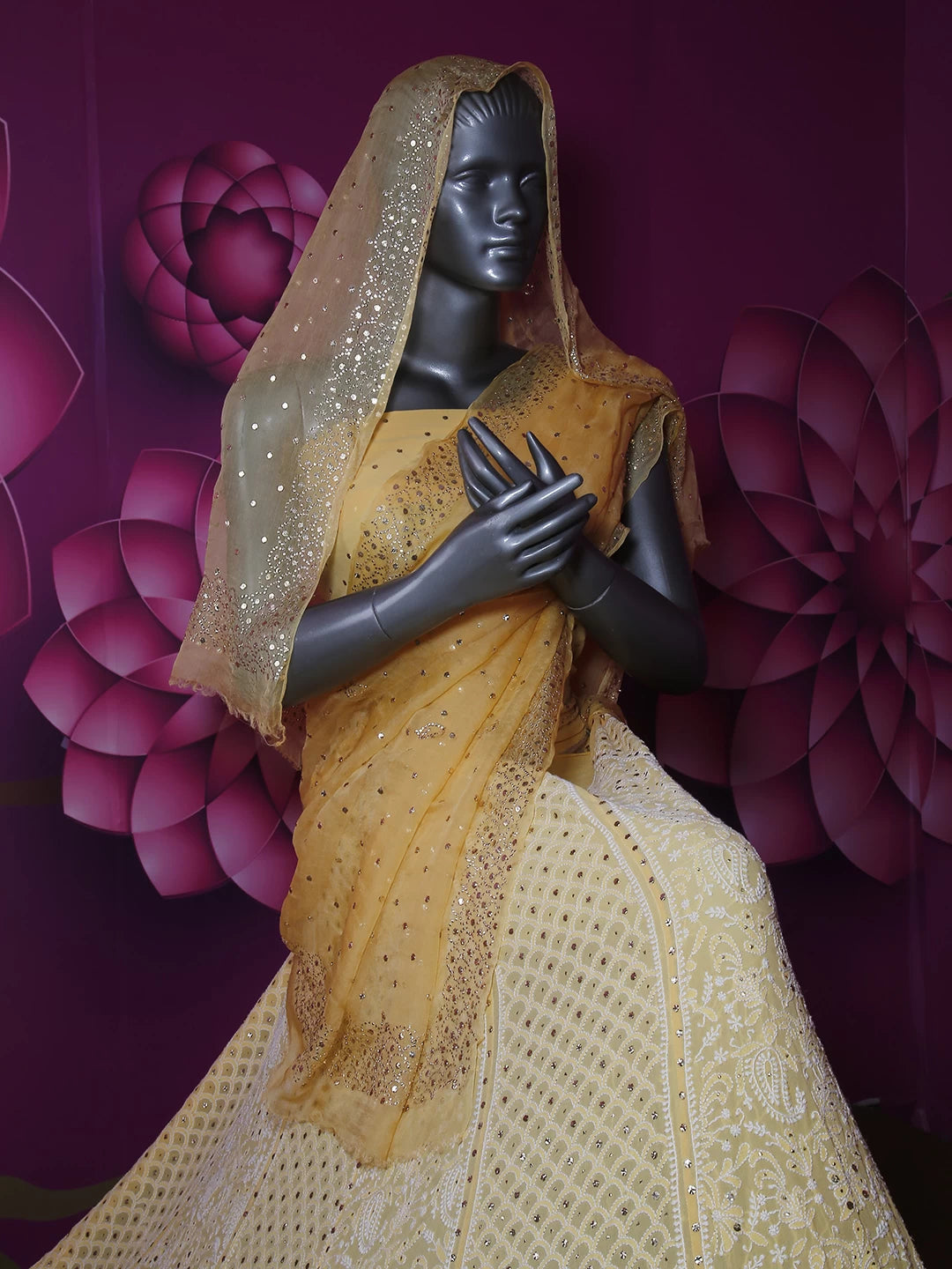 Ada Hand Embroidered Light Yellow Georgette Lucknowi Chikankari Lehenga Set With Mukaish Work 01A149897
