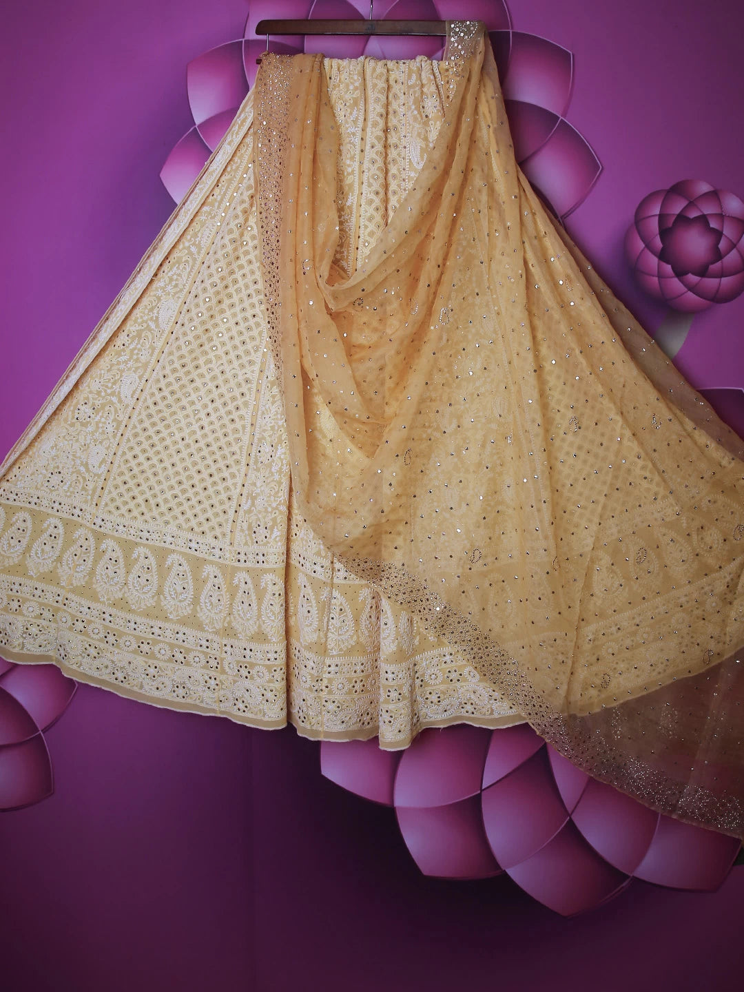 Ada Hand Embroidered Light Yellow Georgette Lucknowi Chikankari Lehenga Set With Mukaish Work 01A149897