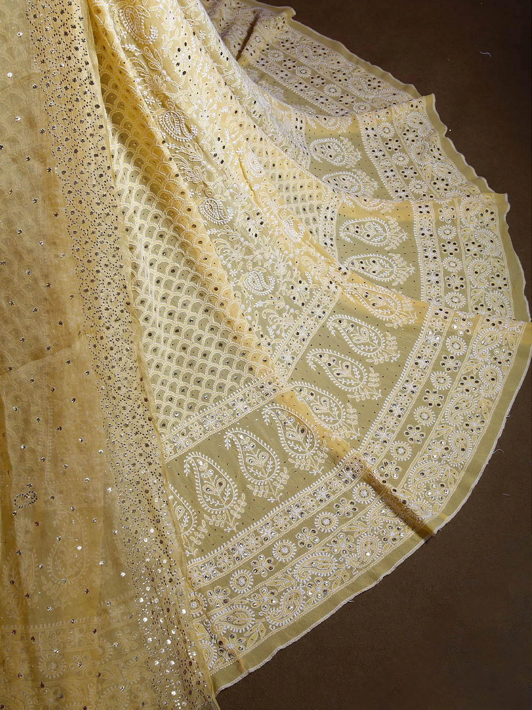 Ada Hand Embroidered Light Yellow Georgette Lucknowi Chikankari Lehenga Set With Mukaish Work 01A149897
